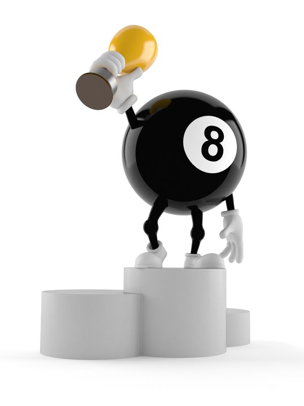 Eight ball character holding golden trophy isolated on white background