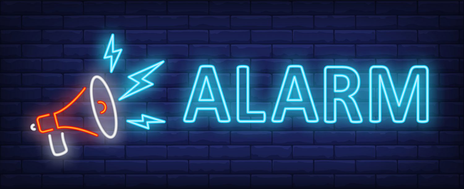 Alarm neon text with loudspeaker. Announcement, marketing, advertisement design. Night bright neon sign, colorful billboard, light banner. Vector illustration in neon style.